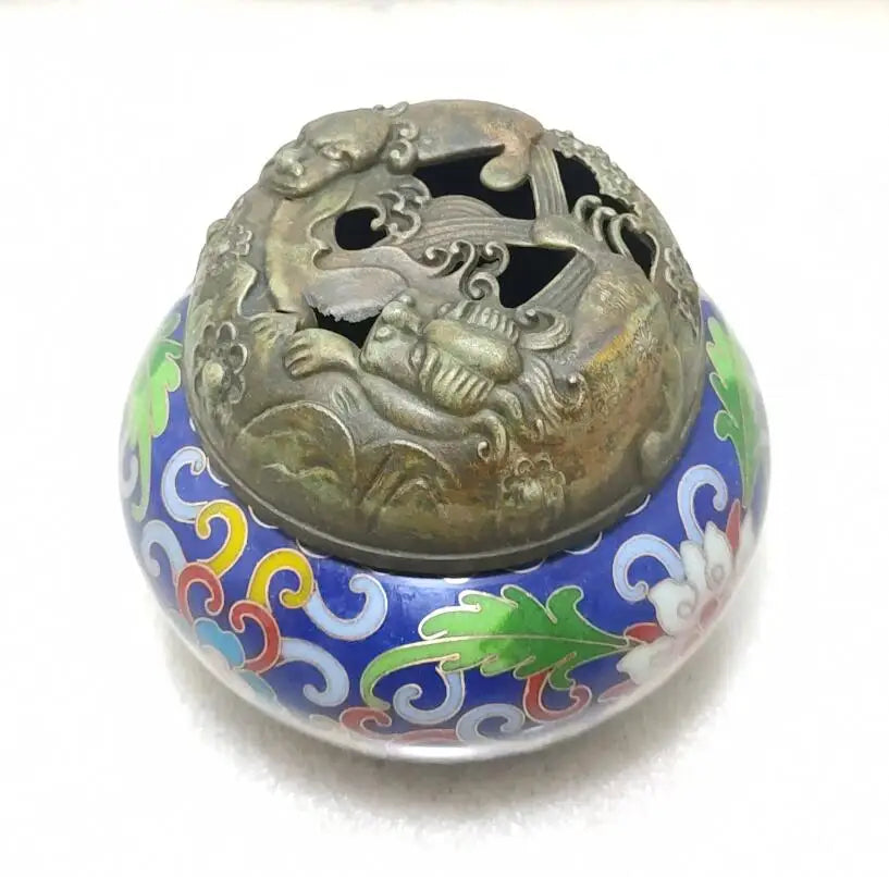China brass archaize cloisonne Hollow out Twin lions Incense burner crafts statue