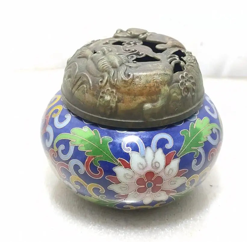 China brass archaize cloisonne Hollow out Twin lions Incense burner crafts statue