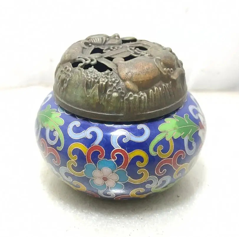 China brass archaize cloisonne Hollow out Twin lions Incense burner crafts statue