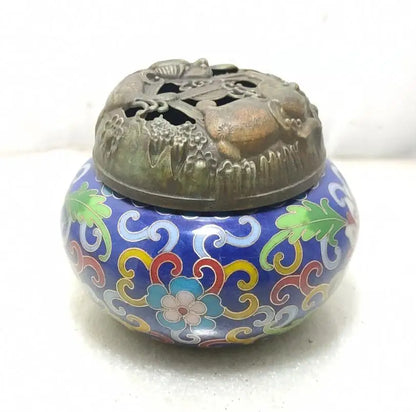 China brass archaize cloisonne Hollow out Twin lions Incense burner crafts statue