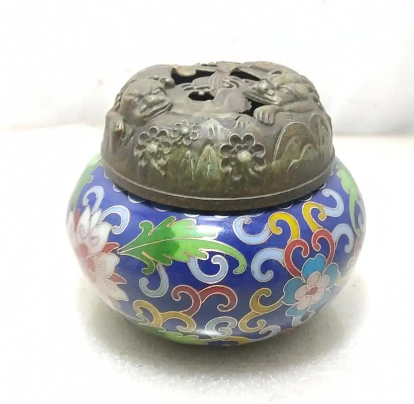 China brass archaize cloisonne Hollow out Twin lions Incense burner crafts statue