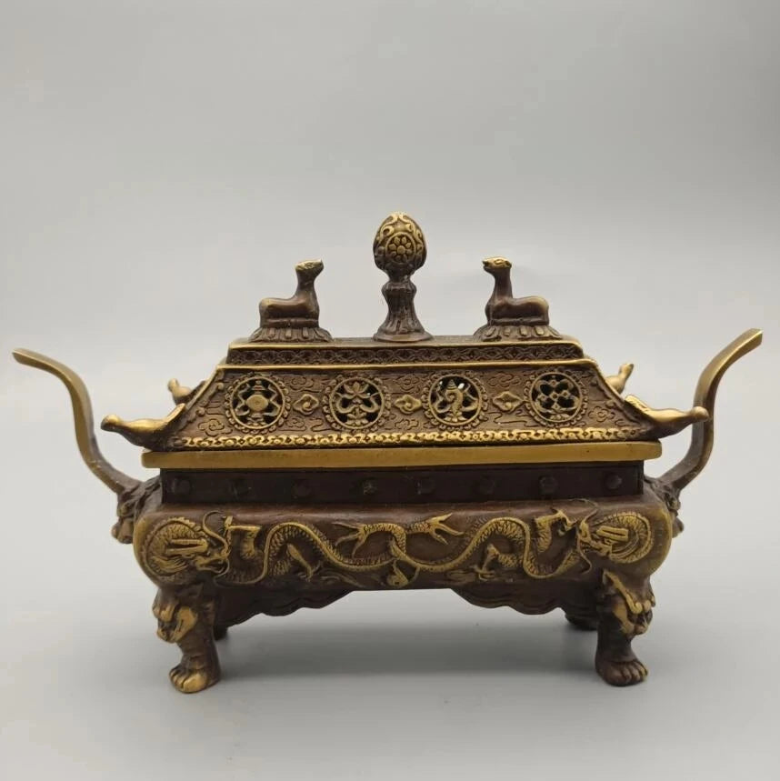 China brass archaize double dragon Incense burner crafts statue