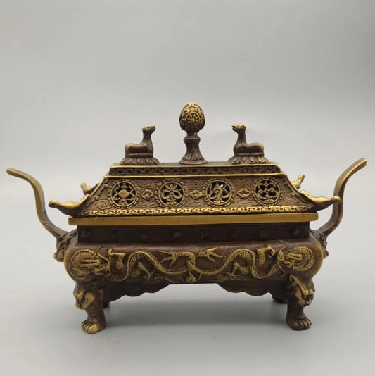 China brass archaize double dragon Incense burner crafts statue