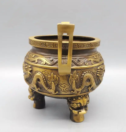 China brass archaize double dragon Incense burner crafts statue
