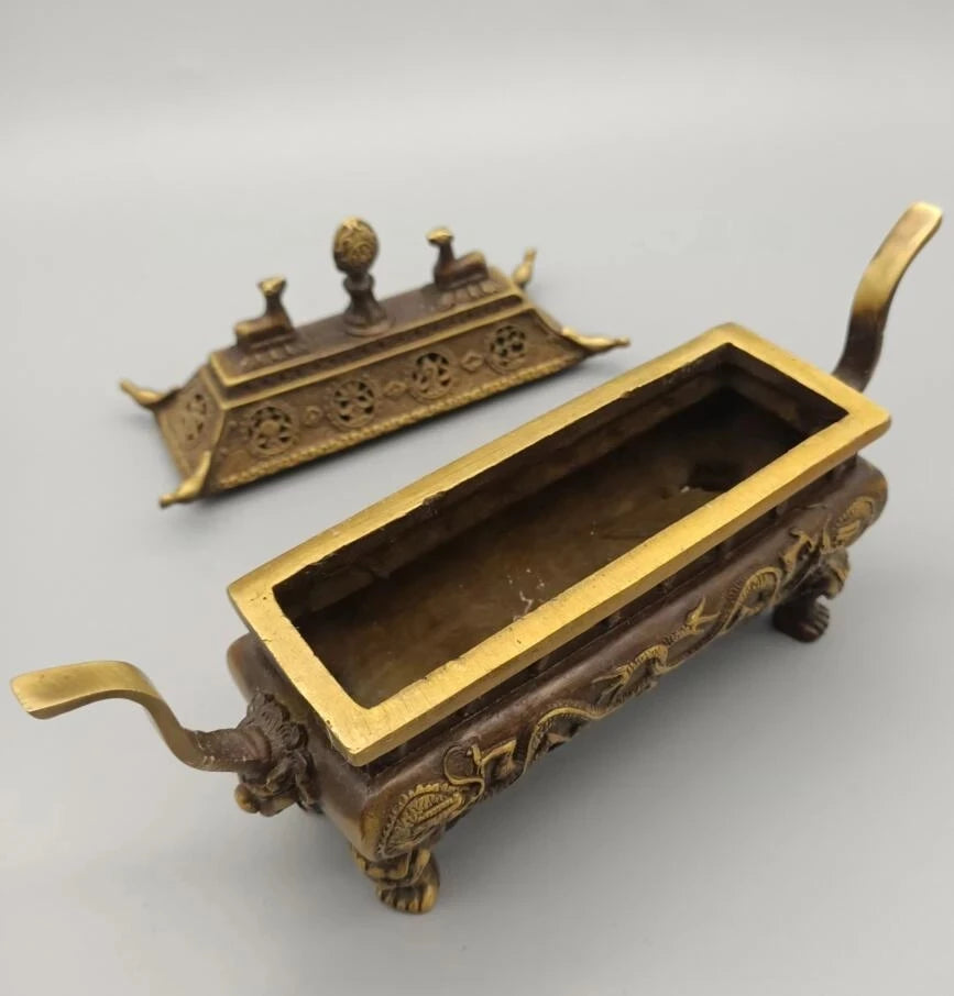 China brass archaize double dragon Incense burner crafts statue