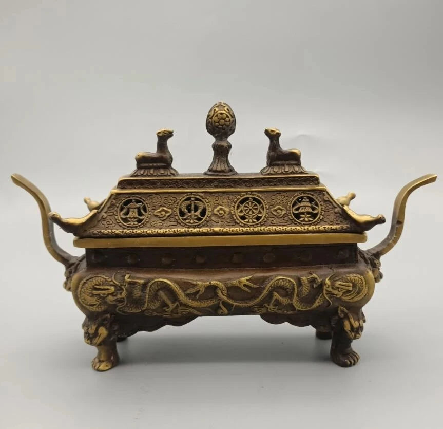 China brass archaize double dragon Incense burner crafts statue