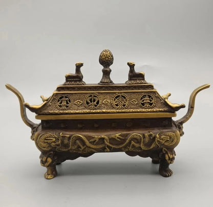 China brass archaize double dragon Incense burner crafts statue