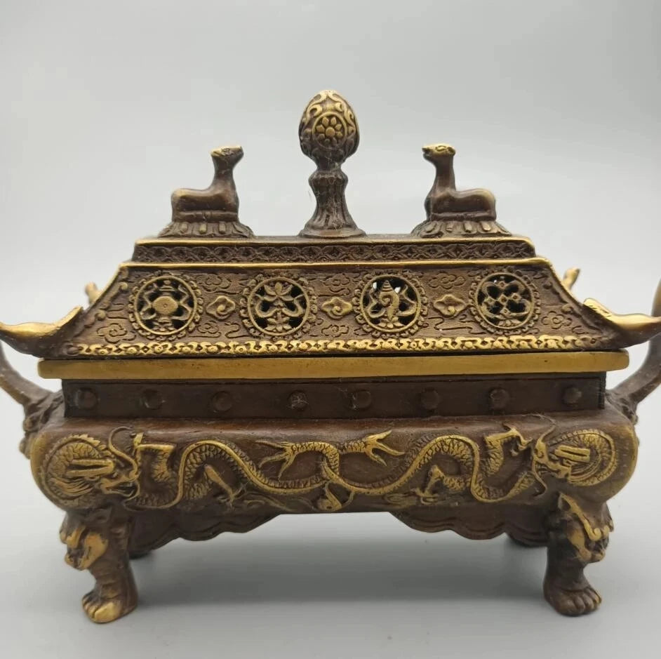 China brass archaize double dragon Incense burner crafts statue