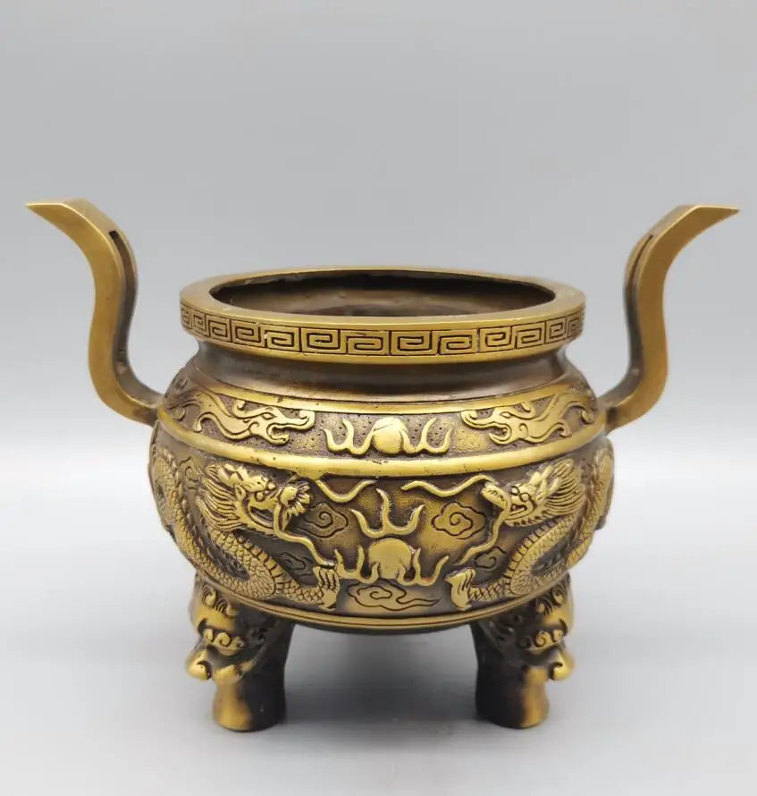 China brass archaize double dragon Incense burner crafts statue