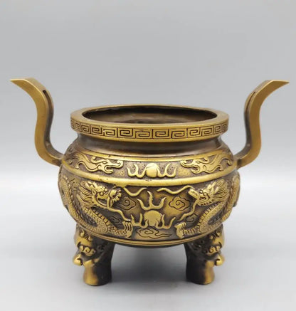 China brass archaize double dragon Incense burner crafts statue