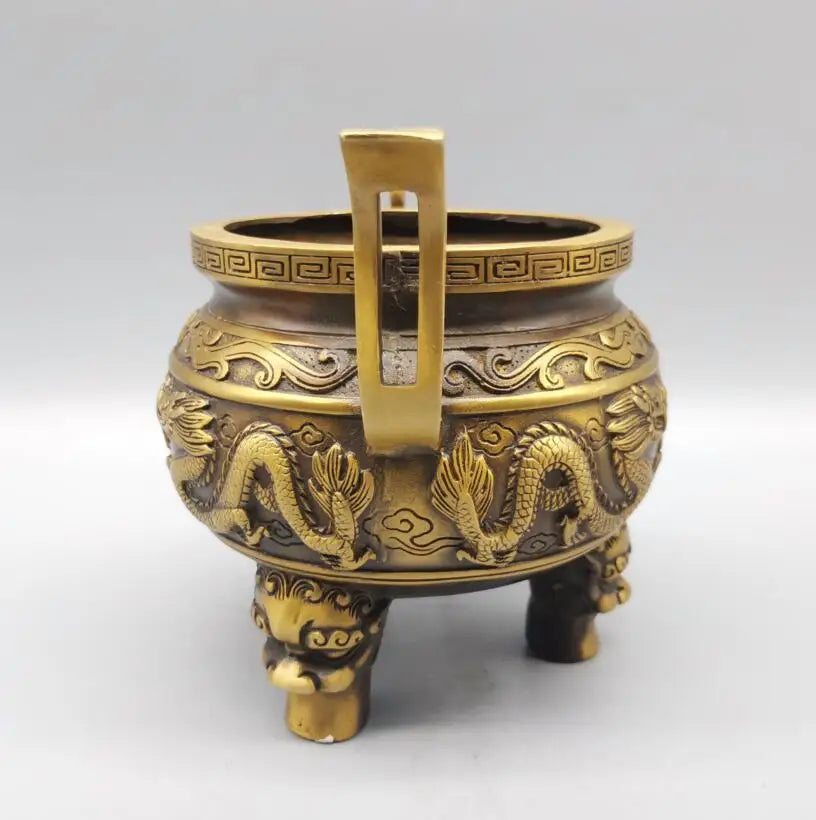 China brass archaize double dragon Incense burner crafts statue