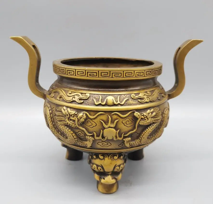 China brass archaize double dragon Incense burner crafts statue