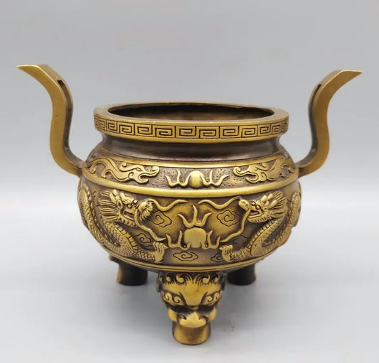 China brass archaize double dragon Incense burner crafts statue