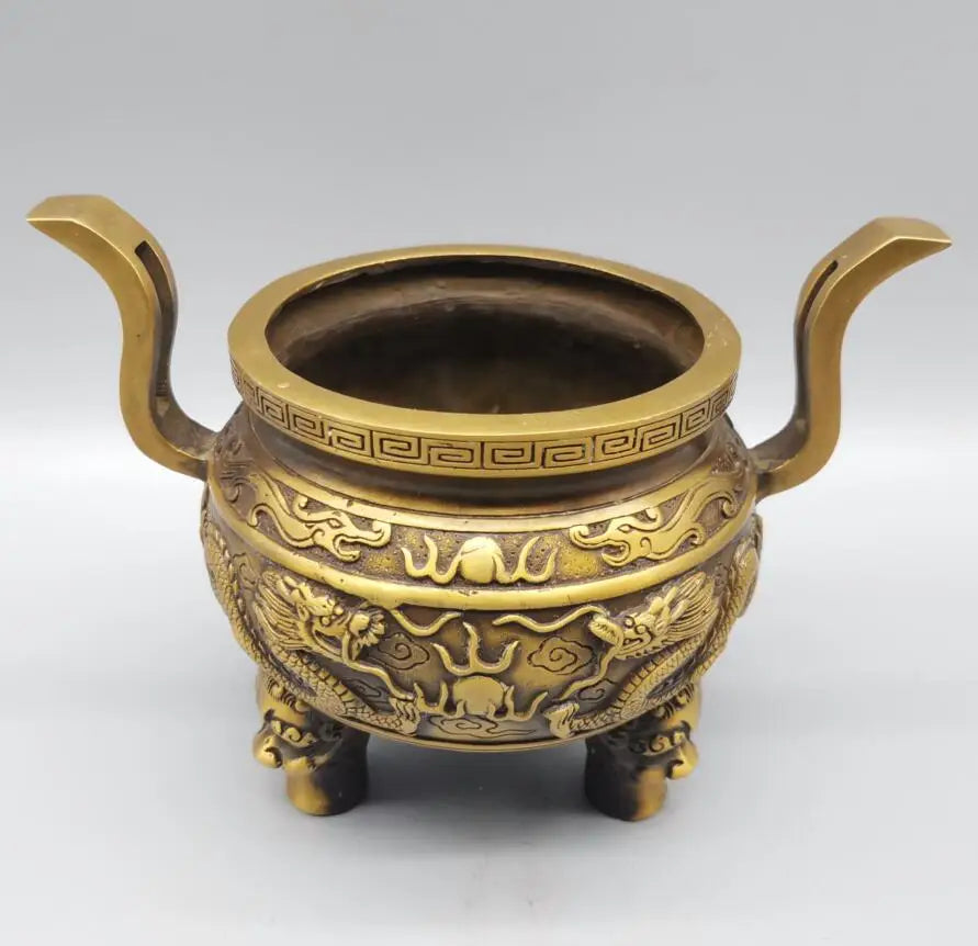 China brass archaize double dragon Incense burner crafts statue