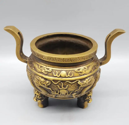China brass archaize double dragon Incense burner crafts statue