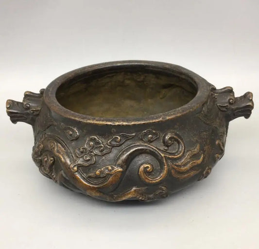 China brass archaize double dragon Incense burner crafts statue