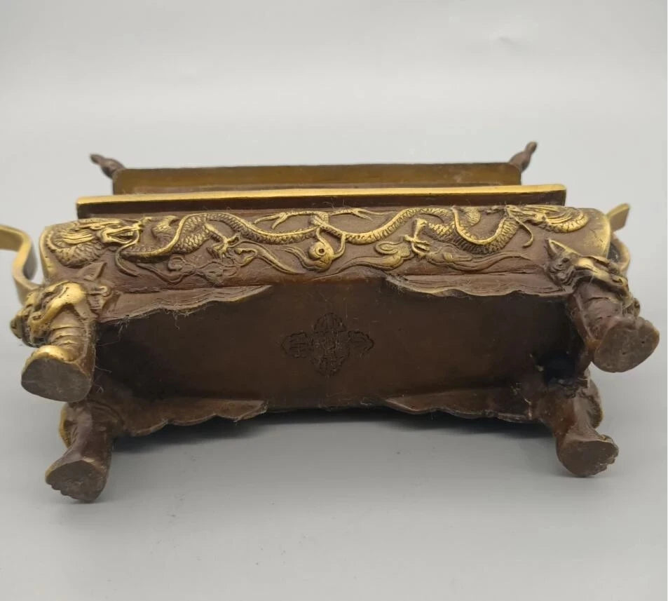 China brass archaize double dragon Incense burner crafts statue