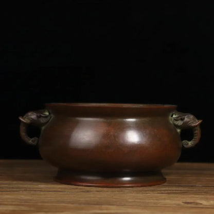 China brass archaize double elephant head ears Incense burner crafts statue