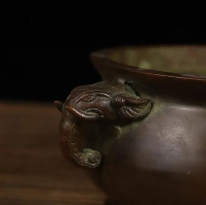 China brass archaize double elephant head ears Incense burner crafts statue