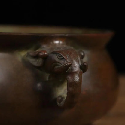 China brass archaize double elephant head ears Incense burner crafts statue