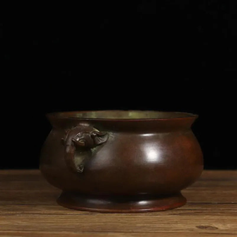China brass archaize double elephant head ears Incense burner crafts statue