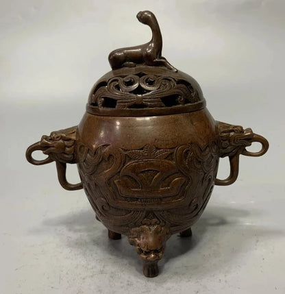 China brass archaize double lion ear Incense burner crafts statue