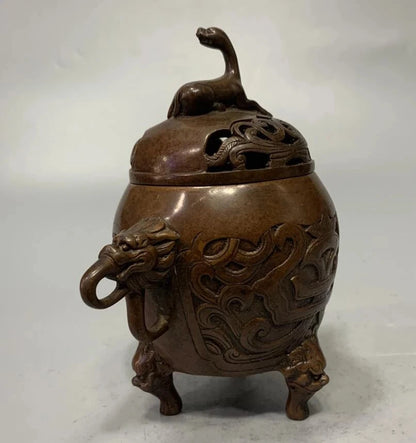 China brass archaize double lion ear Incense burner crafts statue