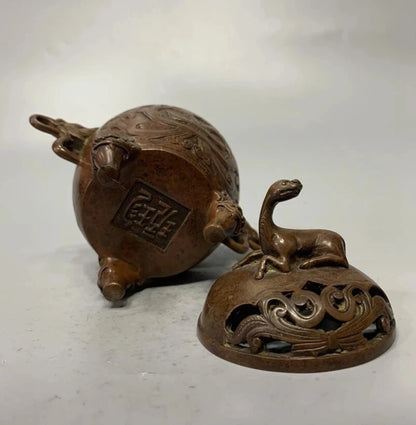 China brass archaize double lion ear Incense burner crafts statue