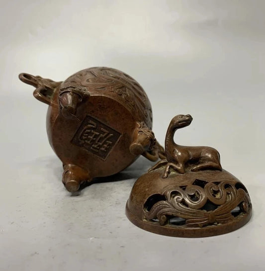 China brass archaize double lion ear Incense burner crafts statue