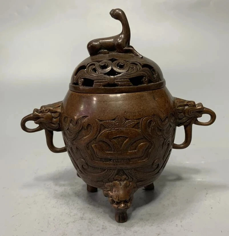 China brass archaize double lion ear Incense burner crafts statue