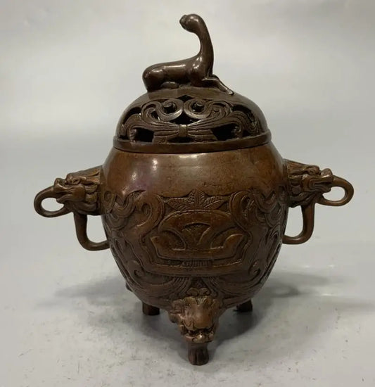 China brass archaize double lion ear Incense burner crafts statue