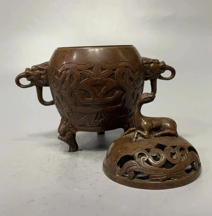 China brass archaize double lion ear Incense burner crafts statue