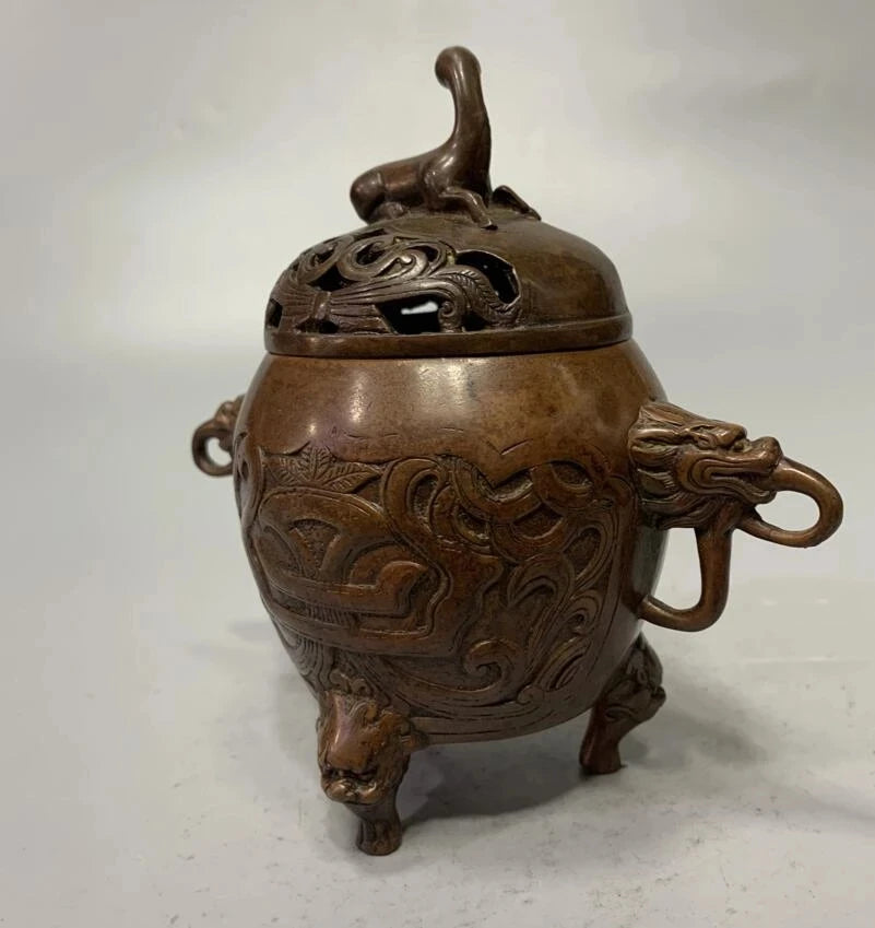 China brass archaize double lion ear Incense burner crafts statue