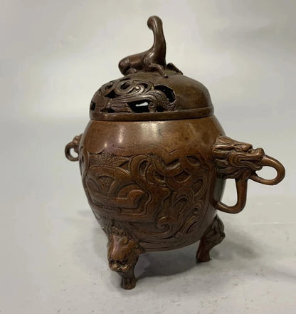 China brass archaize double lion ear Incense burner crafts statue