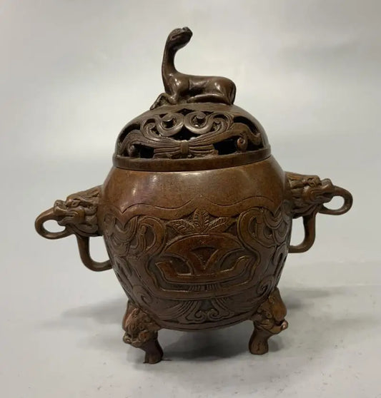 China brass archaize double lion ear Incense burner crafts statue