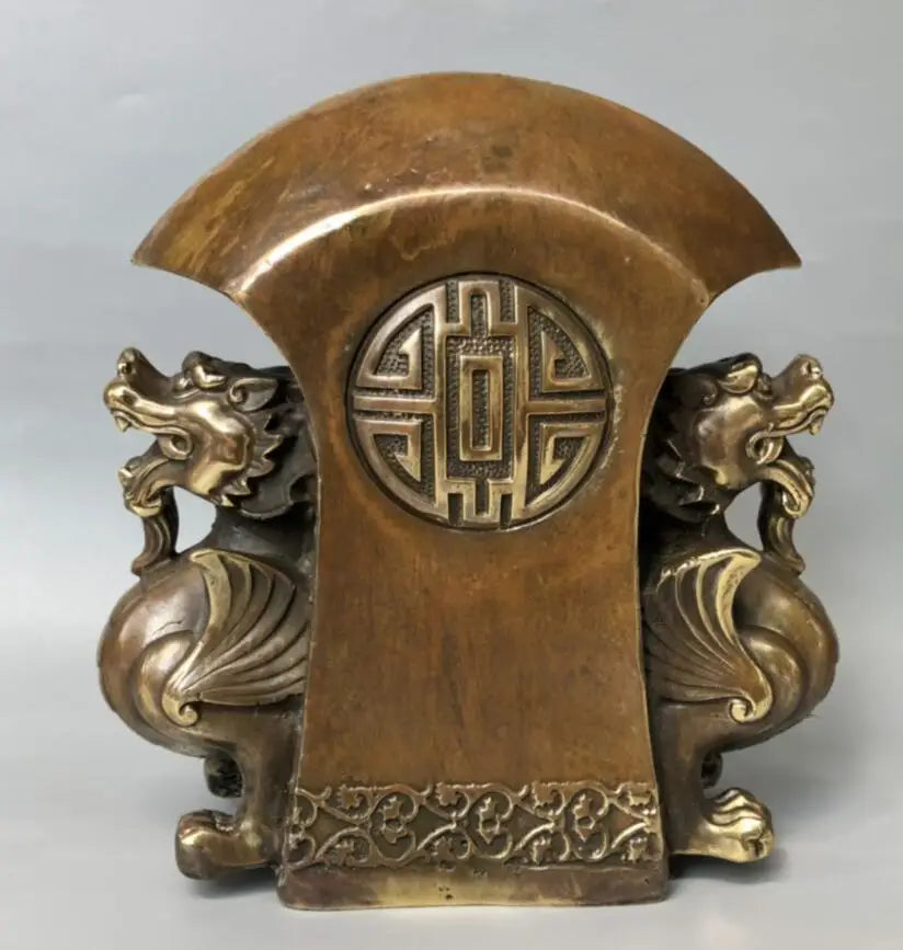 China brass archaize double mythical wild animal ax crafts statue