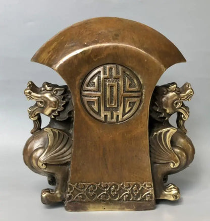 China brass archaize double mythical wild animal ax crafts statue