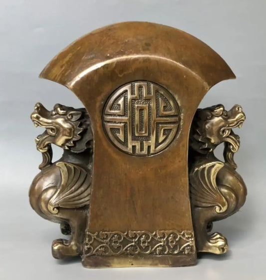 China brass archaize double mythical wild animal ax crafts statue