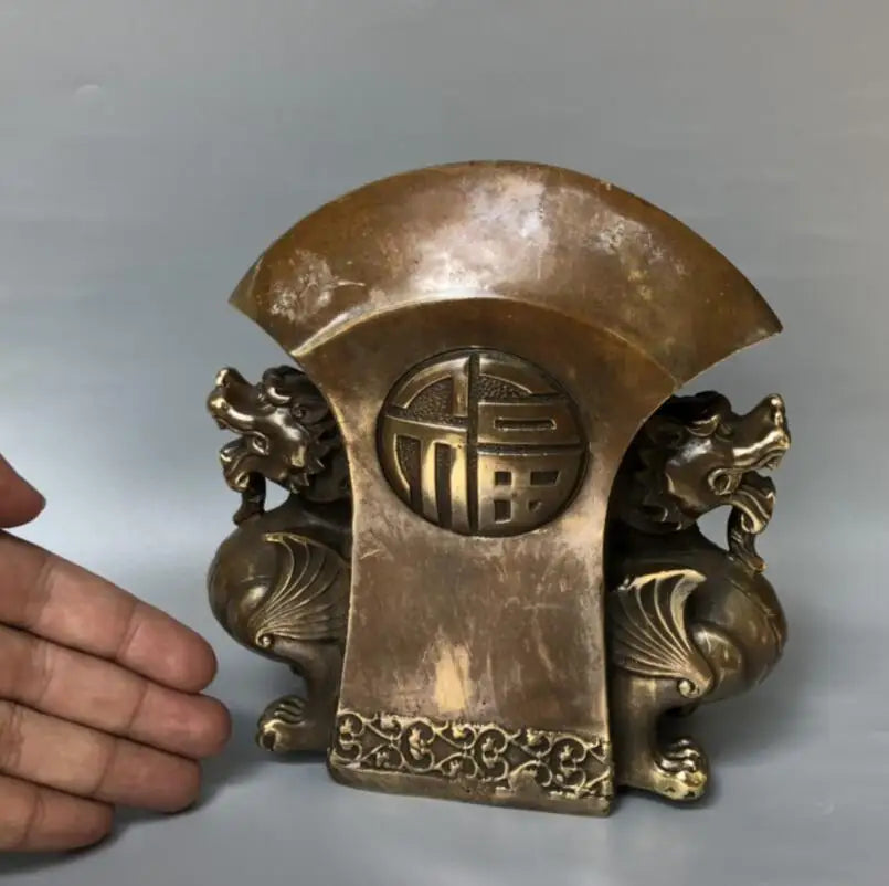 China brass archaize double mythical wild animal ax crafts statue