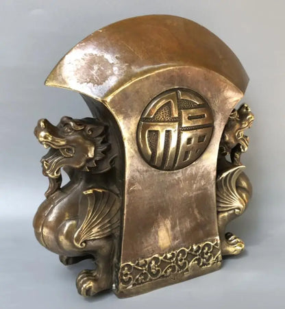 China brass archaize double mythical wild animal ax crafts statue
