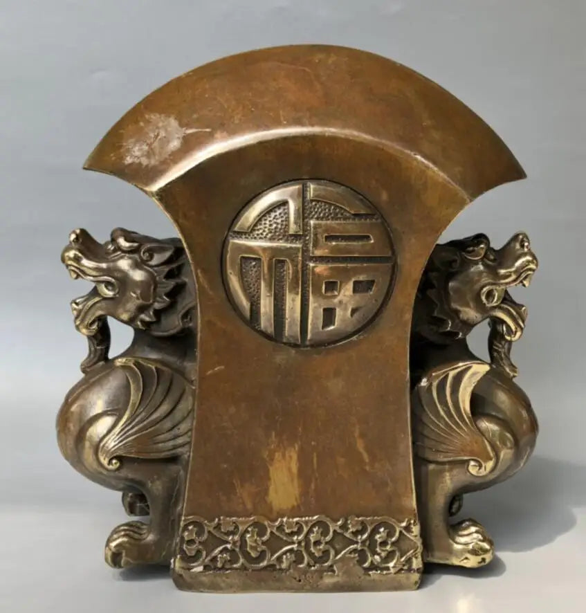 China brass archaize double mythical wild animal ax crafts statue