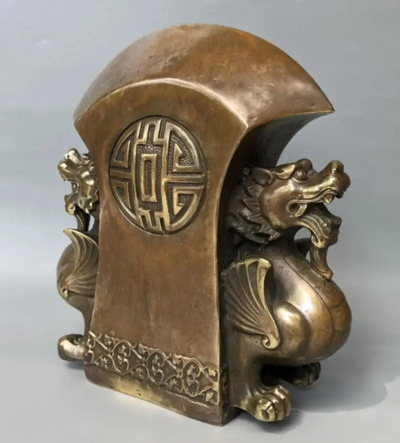 China brass archaize double mythical wild animal ax crafts statue