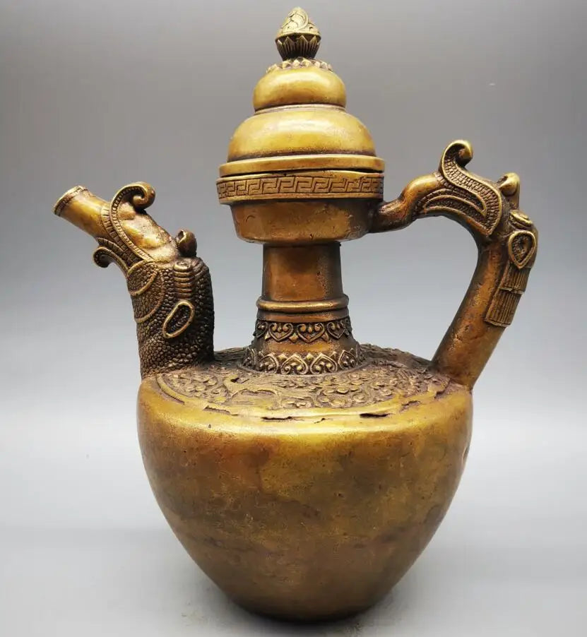 China brass archaize dragon head teapot crafts statue