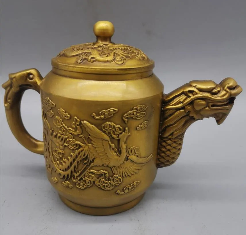 China brass archaize dragon phoenix teapot crafts statue