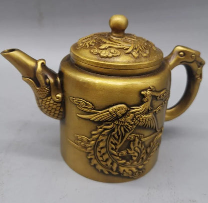 China brass archaize dragon phoenix teapot crafts statue