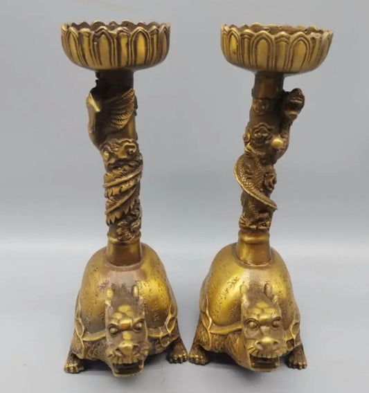 China brass archaize dragon turtle wax candlestick crafts statue A pair
