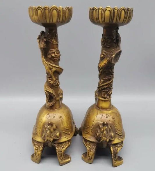China brass archaize dragon turtle wax candlestick crafts statue A pair
