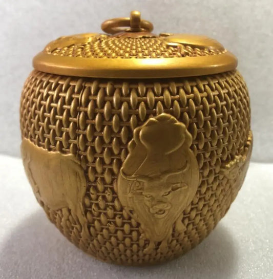 China brass archaize five cow Tea caddy crafts statue