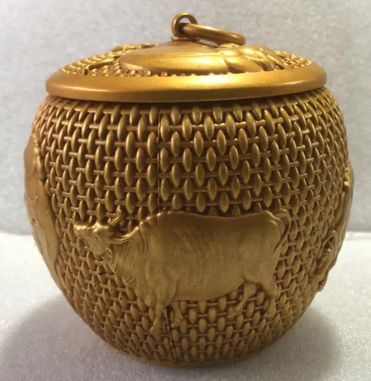 China brass archaize five cow Tea caddy crafts statue