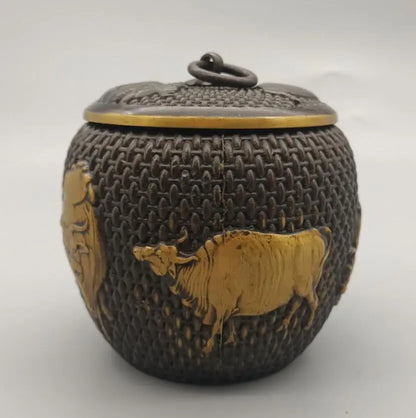 China brass archaize five cow Tea caddy crafts statue